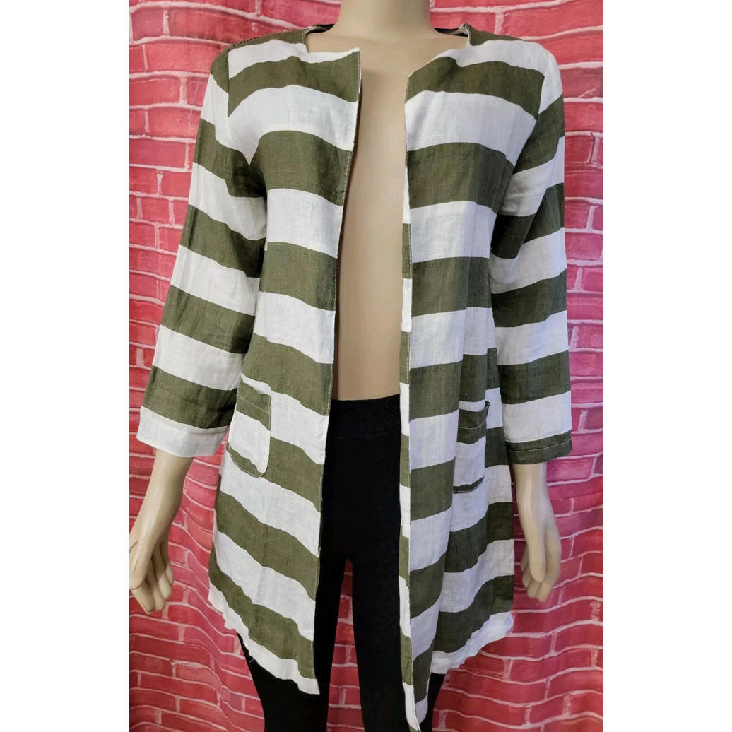 Made In Italy 100% Linen Ivory Green Open Womens Cardigan W/Pockets Sz S New #C6